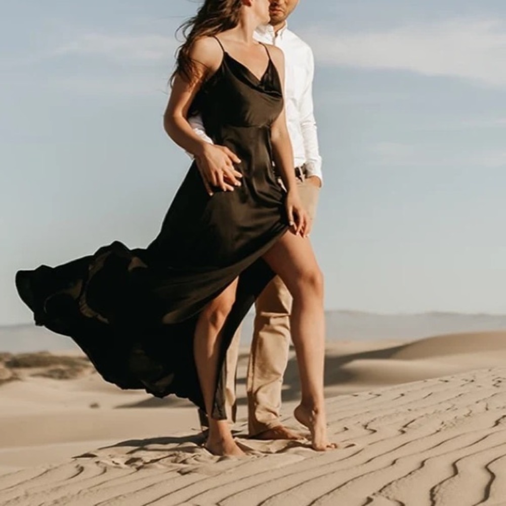 NWOT Formal Invitation Black Satin Cowl Neck Maxi Dress